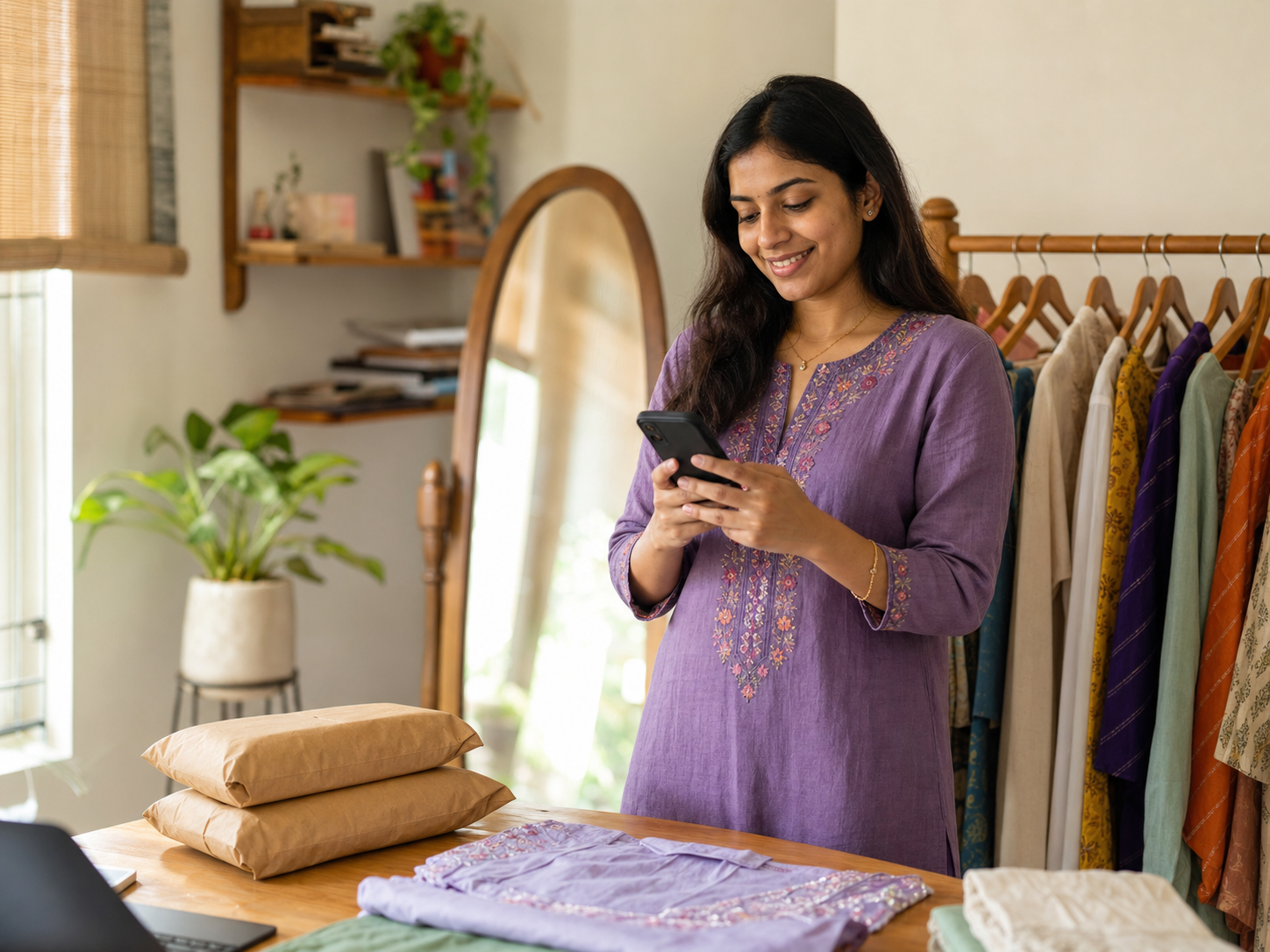 Independent fashion seller preparing clothing for customers